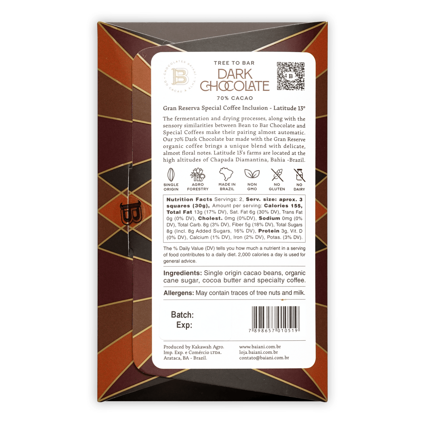 Back of Baiani Dark w/ Brazilian Coffee 70% chocolate bar box