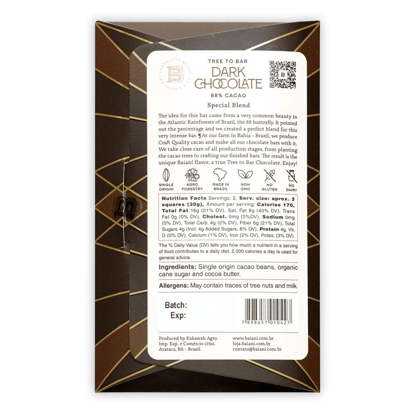 Baiani Special Blend Dark 88% chocolate bar wrapper in brown gold geometric pattern