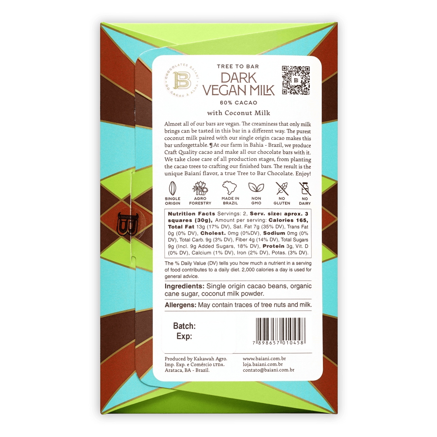 Baiani Vegan Milk Chocolate 60% tree-to-bar 80% cacao bar in colorful wrapper