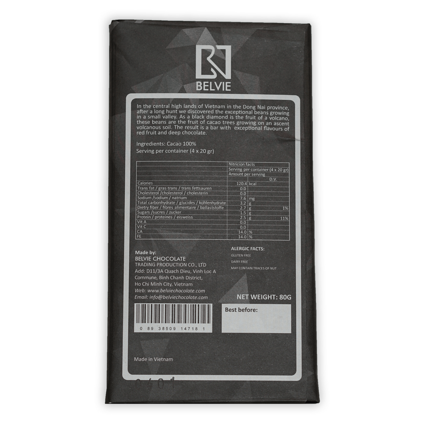 Belvie Black Diamond 100% chocolate bar wrapper with barcode