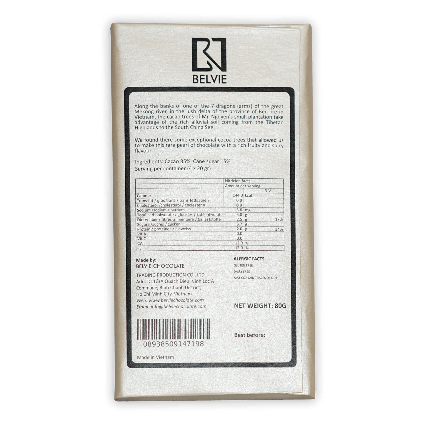 Belvie Black Pearl 85% chocolate bar in sleek white box