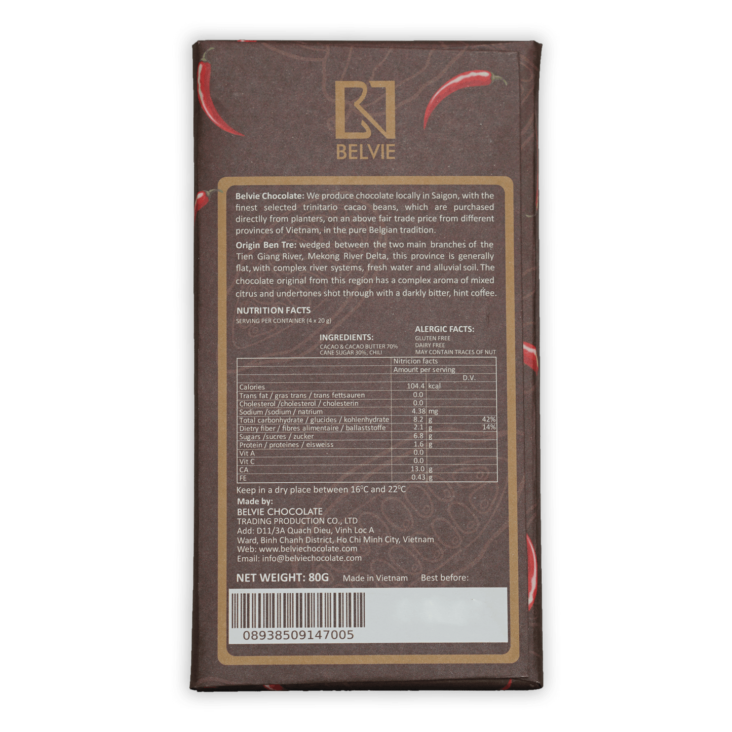 Belvie Chili Pepper Dark Chocolate 70% bar wrapper with red chili graphics