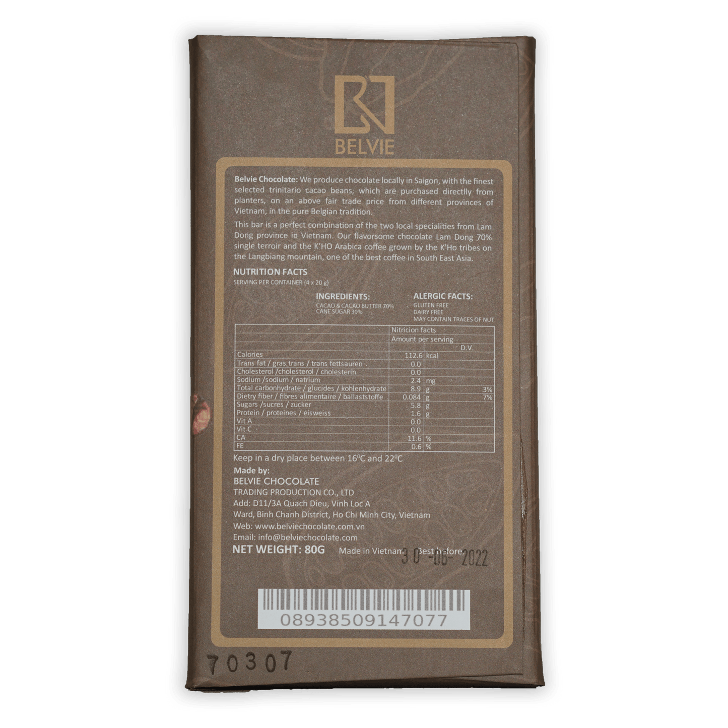 Belvie Coffee GMV 70% brown chocolate bar wrapper with gold logo and nutrition facts