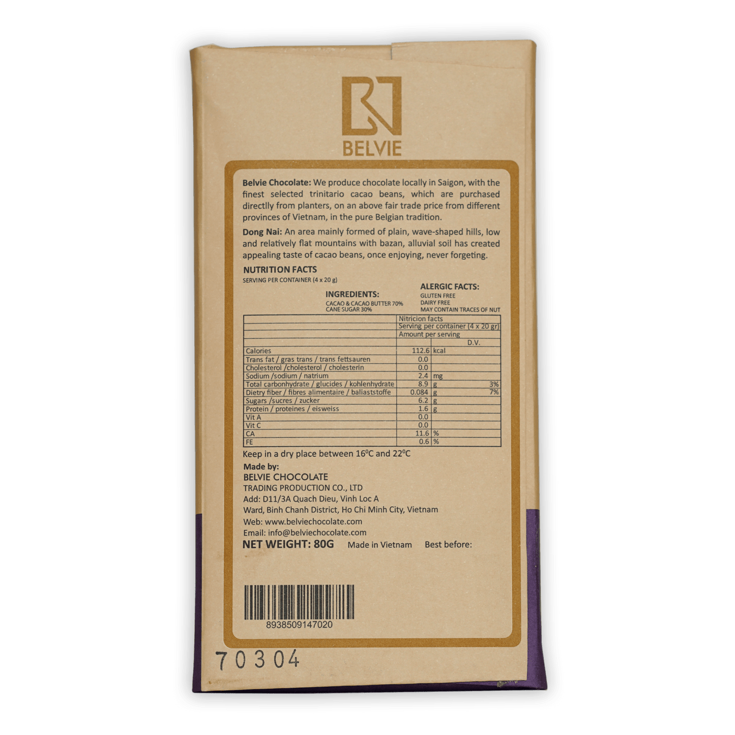 Belvie Dong Nai 70% chocolate bar in beige purple wrapper with gold foil