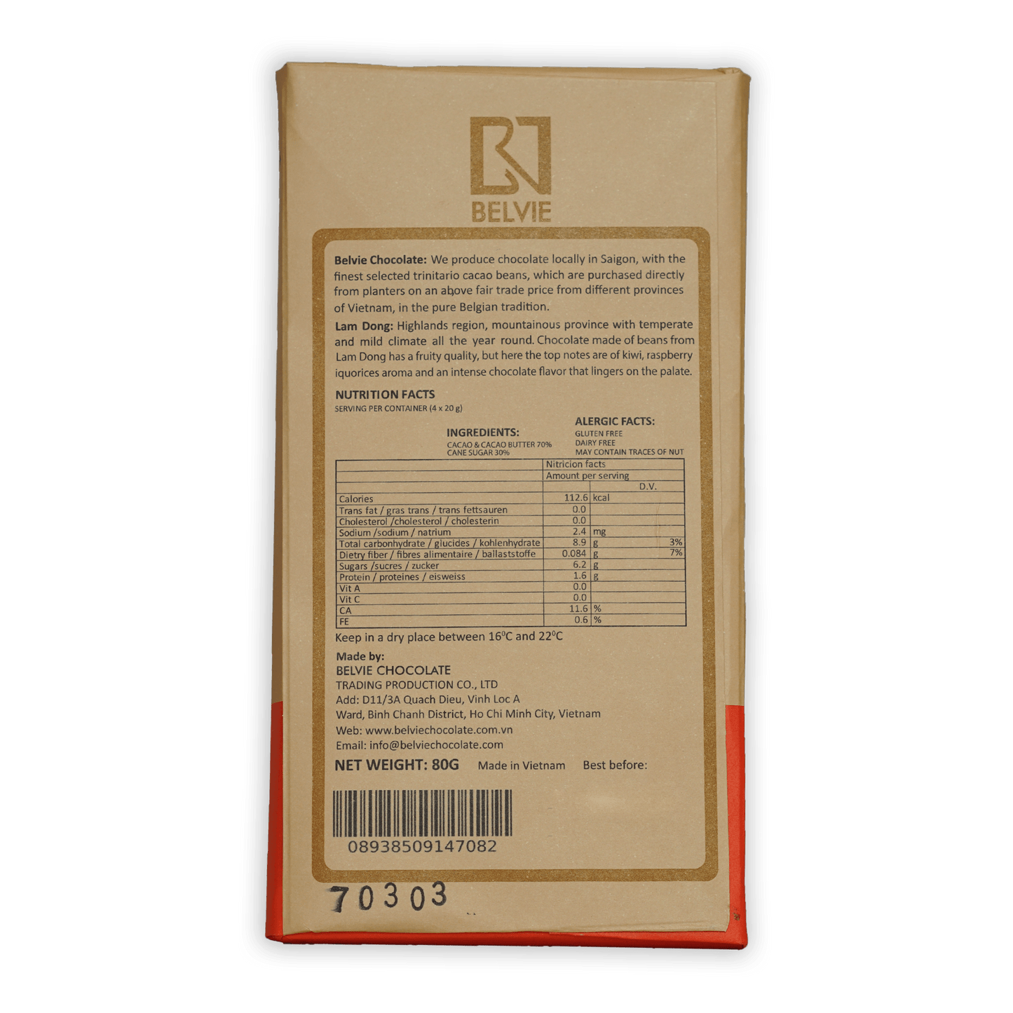 Belvie Lam Dong 70% chocolate bar in cream wrapper with gold red accents