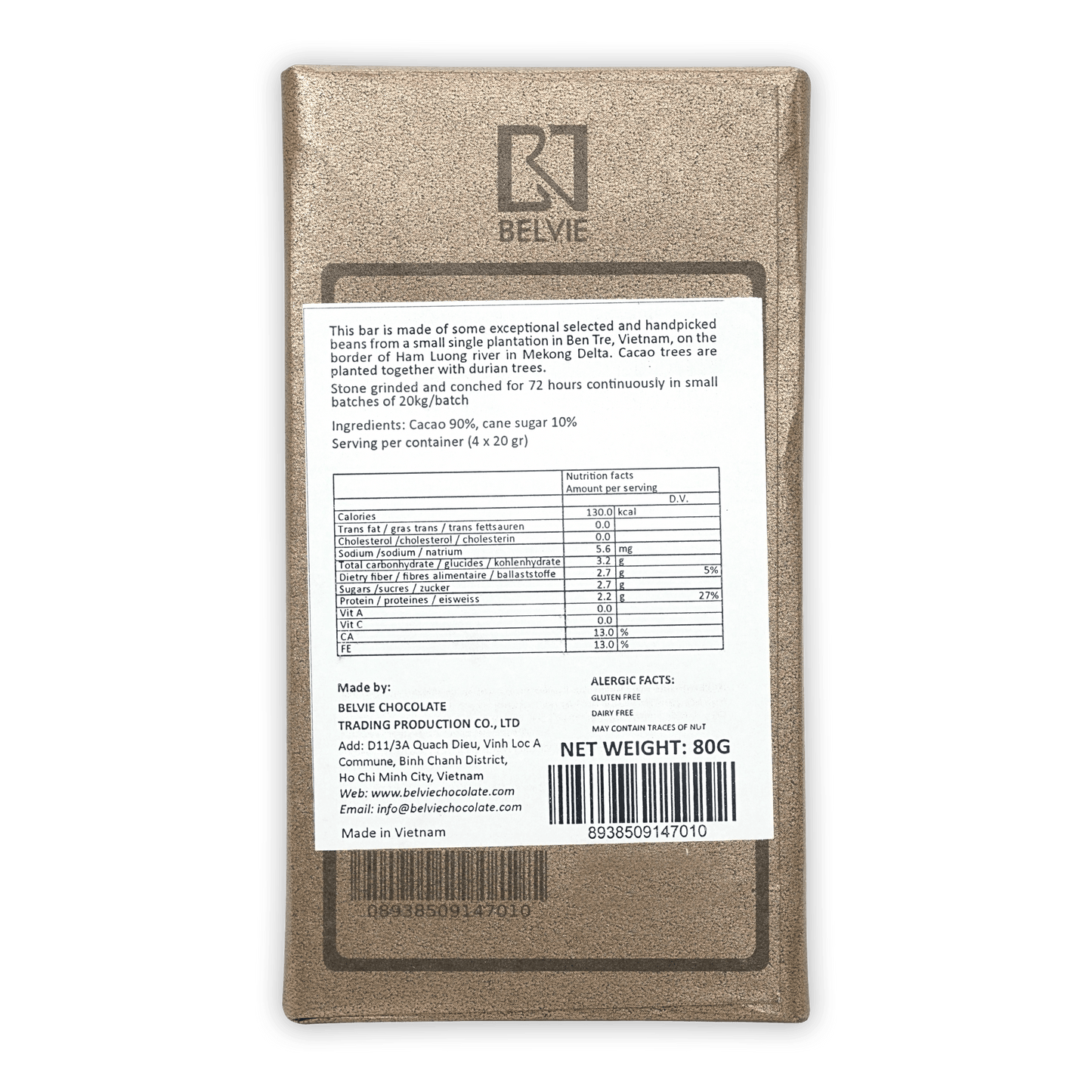 Belvie Noir Dark 90% chocolate bar textured gold wrapper back with nutrition label