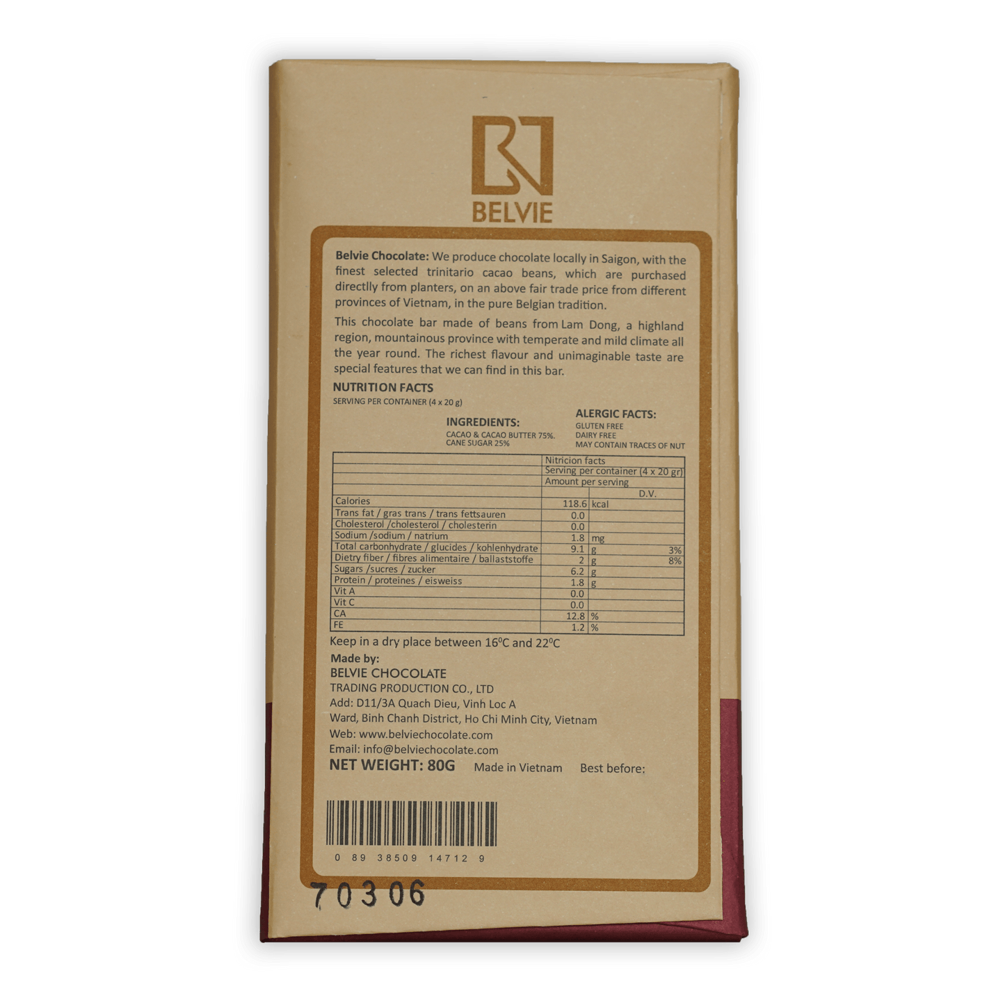 Belvie Thien Tuy 75% chocolate bar back wrapper with gold logo, Belgian origin, ingredients and nutrition