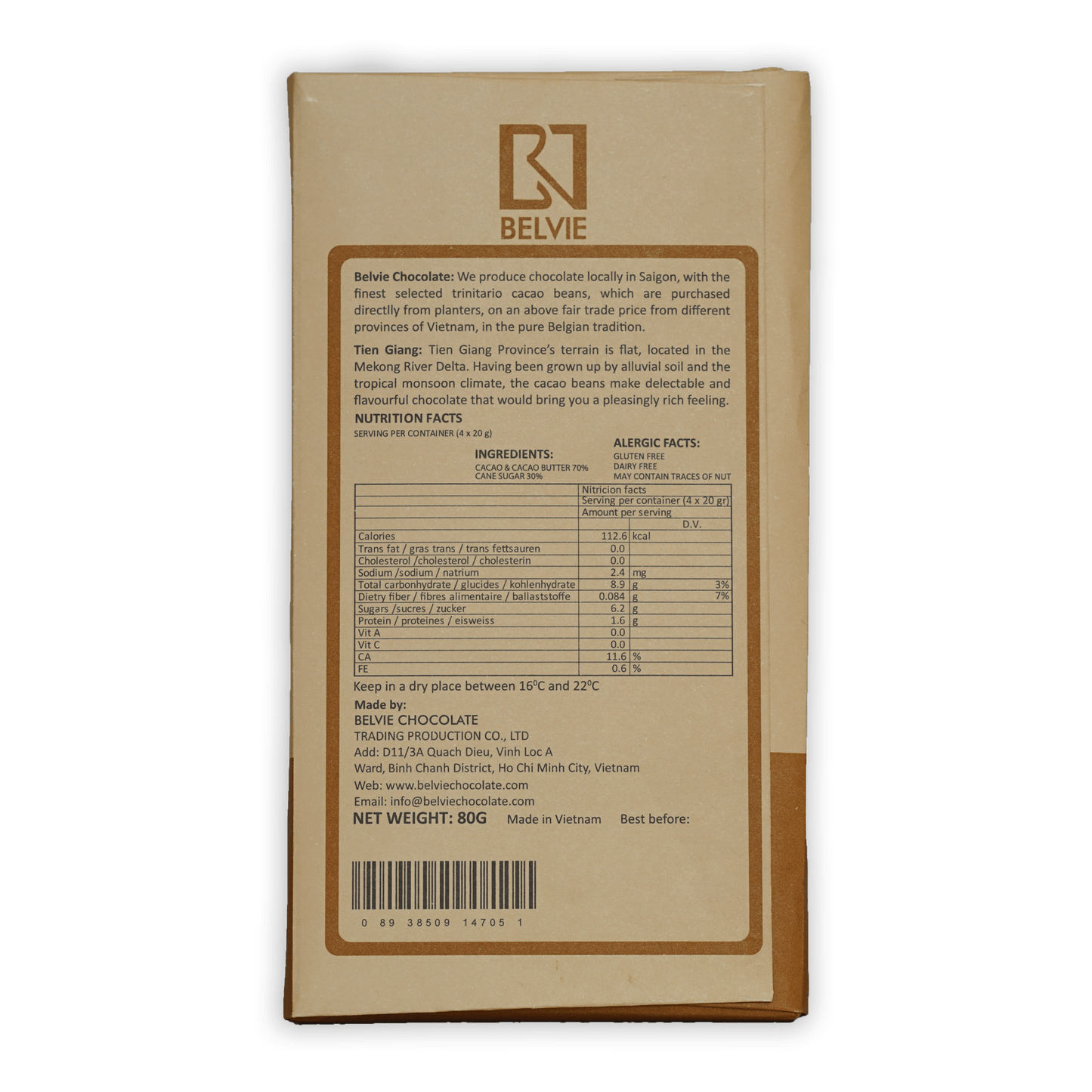 Belvie Tien Giang 70% chocolate bar in beige brown wrapper