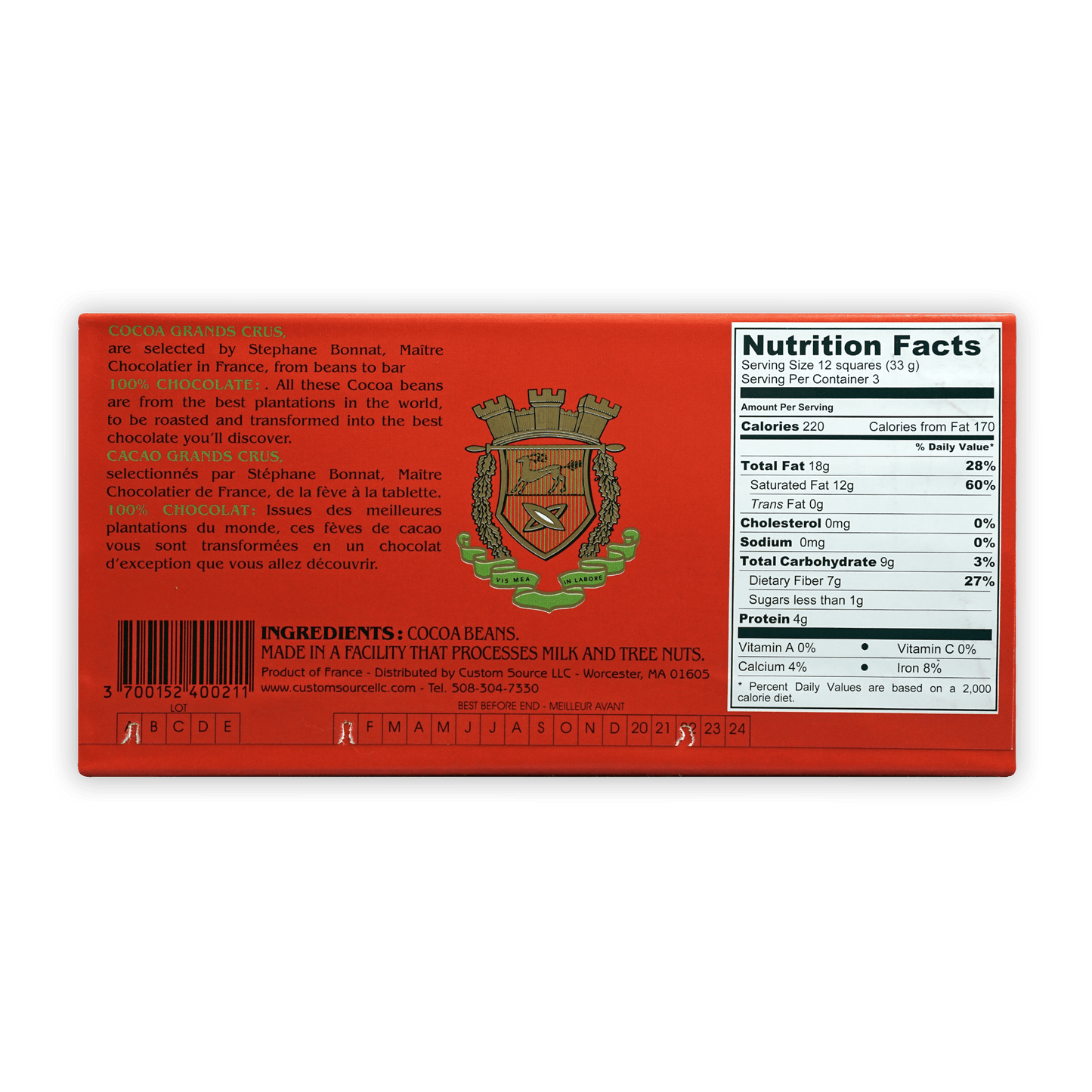 Bonnat 100% Noir Cacao red box with green gold crest