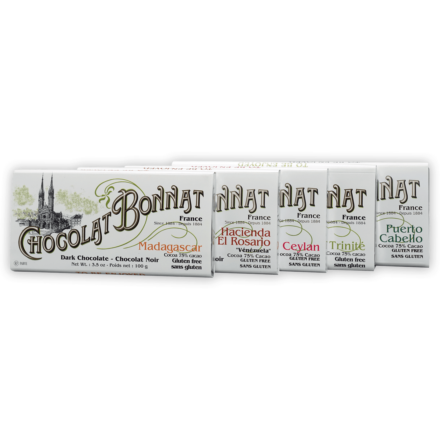 Bonnat single origin chocolate bundle: 5 white rectangular bars with regional names and cocoa percentages