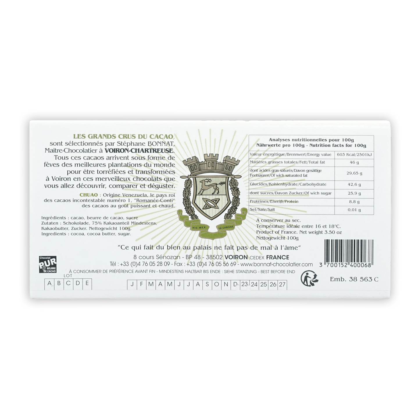 Bonnat Chuao Venezuela 75% white wrapper back with French info