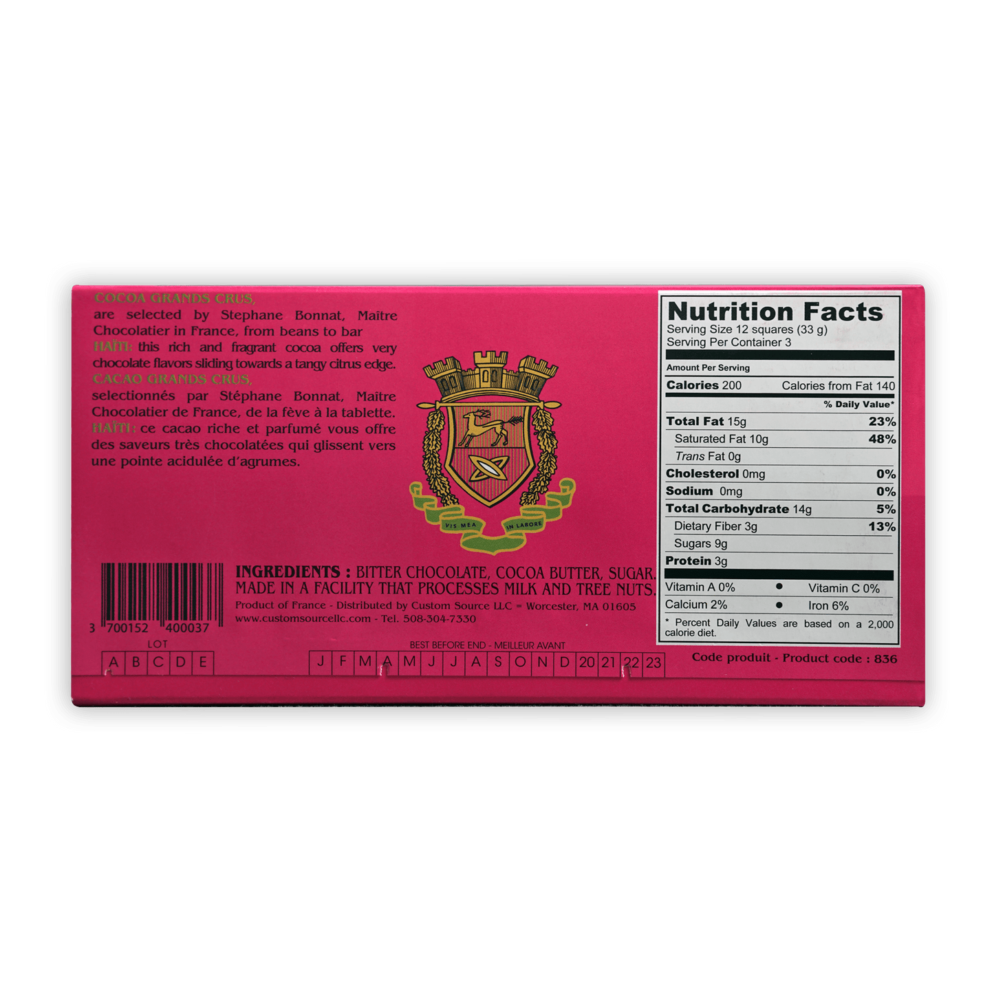 Back of Bonnat Haiti 75% pink box with gold crest and nutrition info