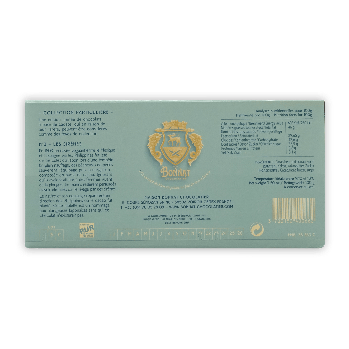 Back of Bonnat Les Sirenes Philippines 75% light teal wrapper with gold foil and French text