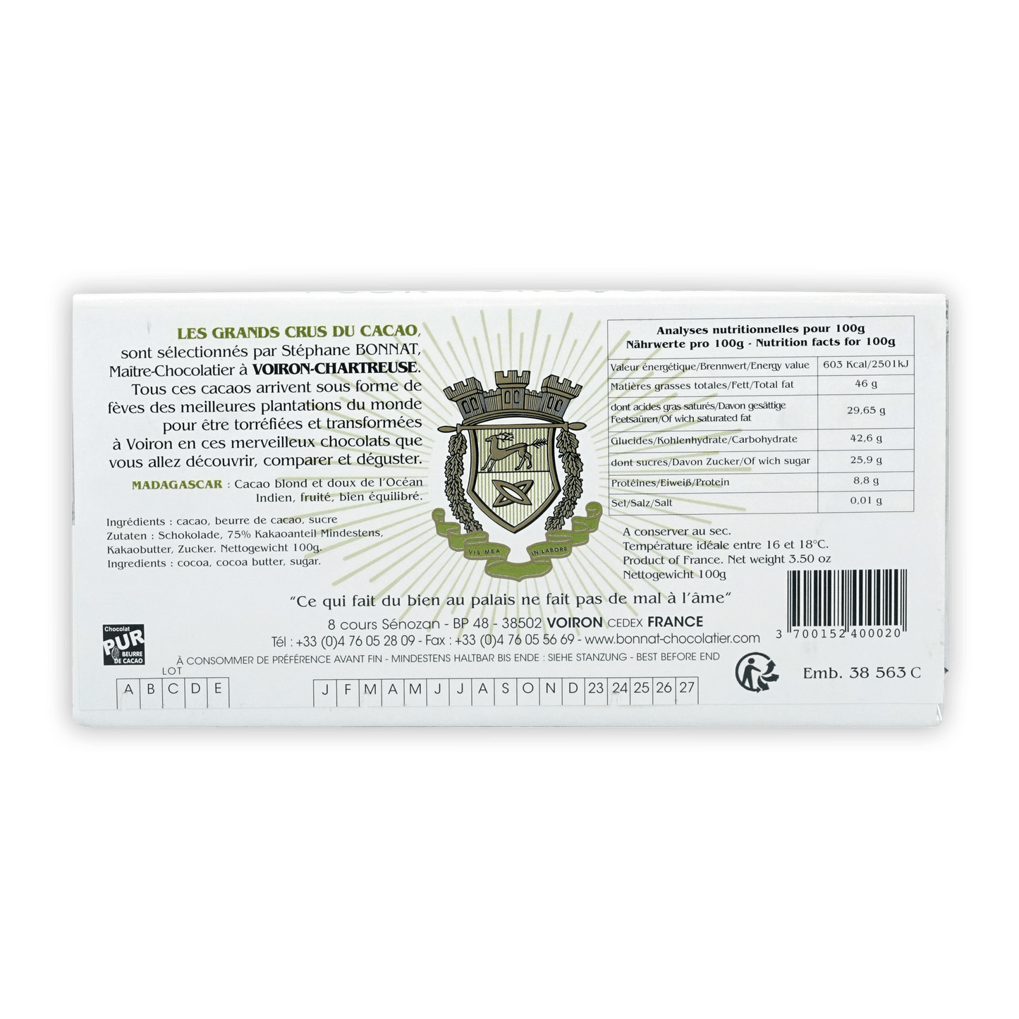 Bonnat Madagascar 75% Voiron Chantreuse white box with green gold crest