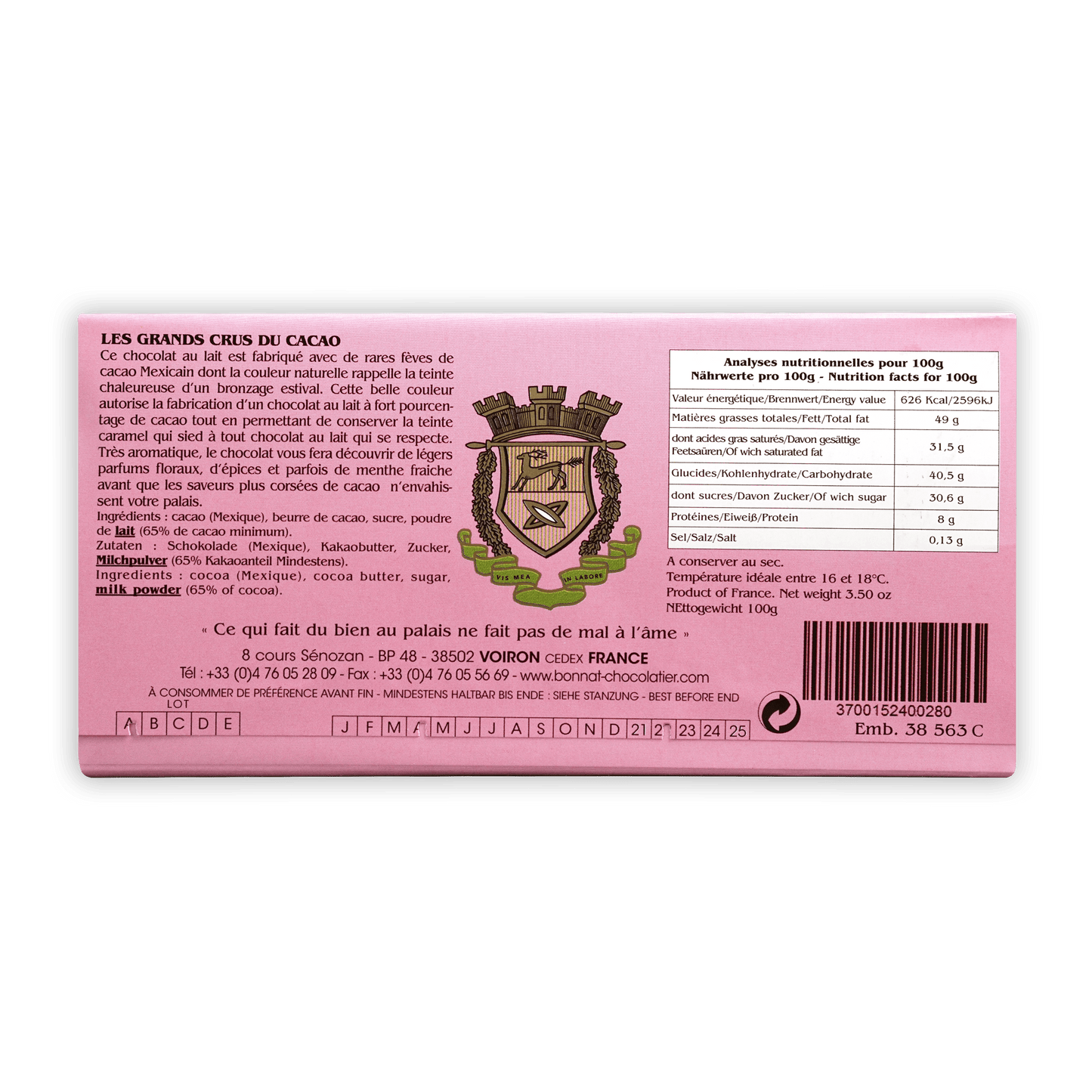 Bonnat Morenita Mexico Milk 65% pink rectangular wrapper with crest
