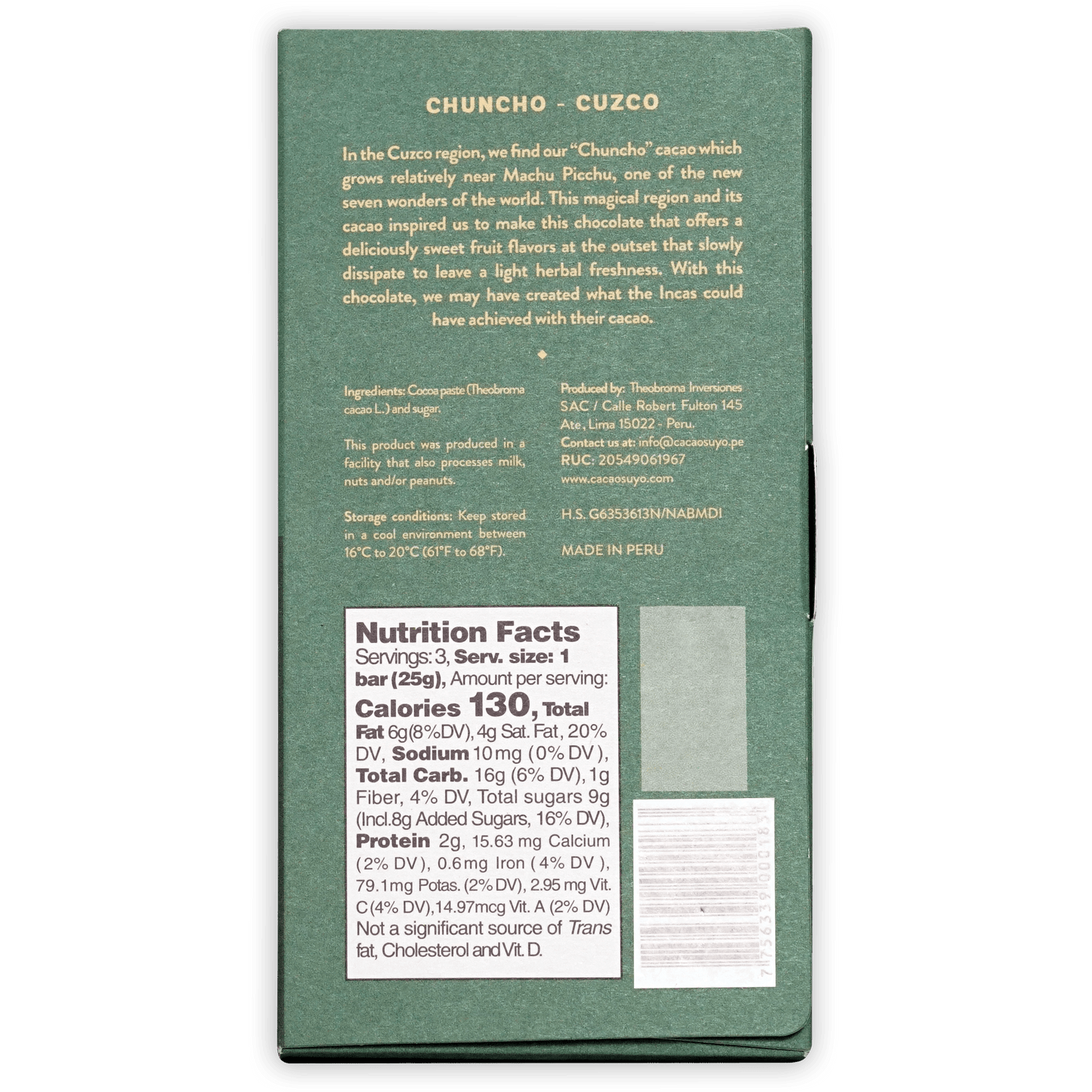 Cacaosuyo Chuncho-Cuzco 70% green wrapper with gold text and white nutrition label