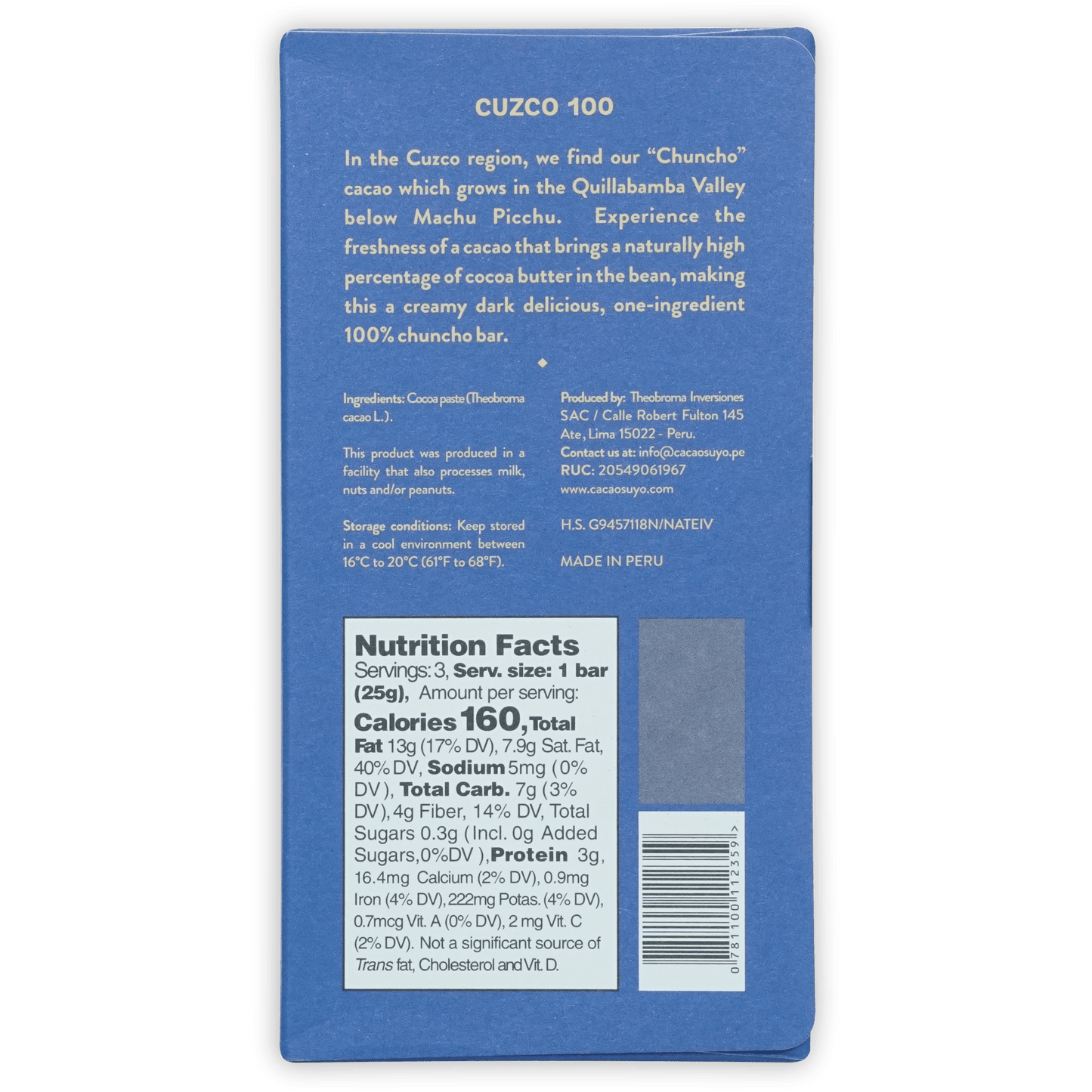 Cacaosuyo Cuzco 100% blue rectangular chocolate bar package with nutrition label