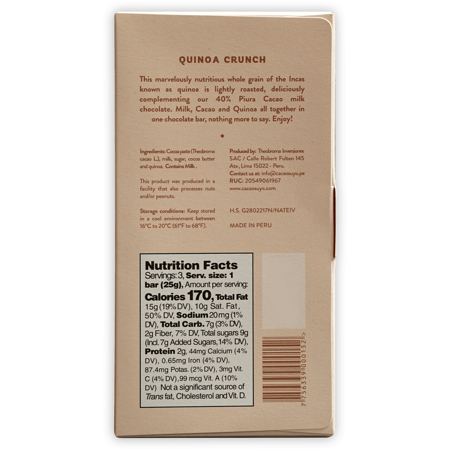 Back of Cacaosuyo Milk Quinoa Crunch 40% beige package with nutrition facts