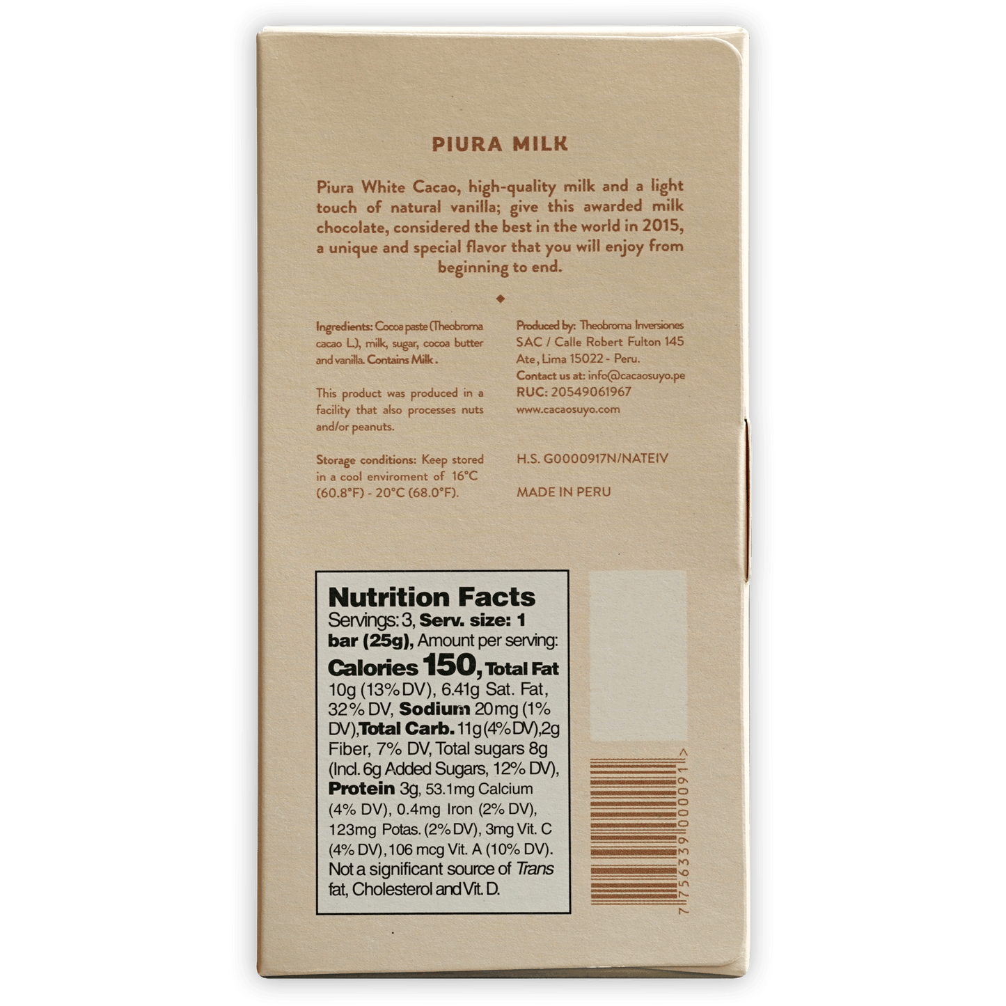 Cacaosuyo Piura Milk 50% beige wrapper with brown text and barcode