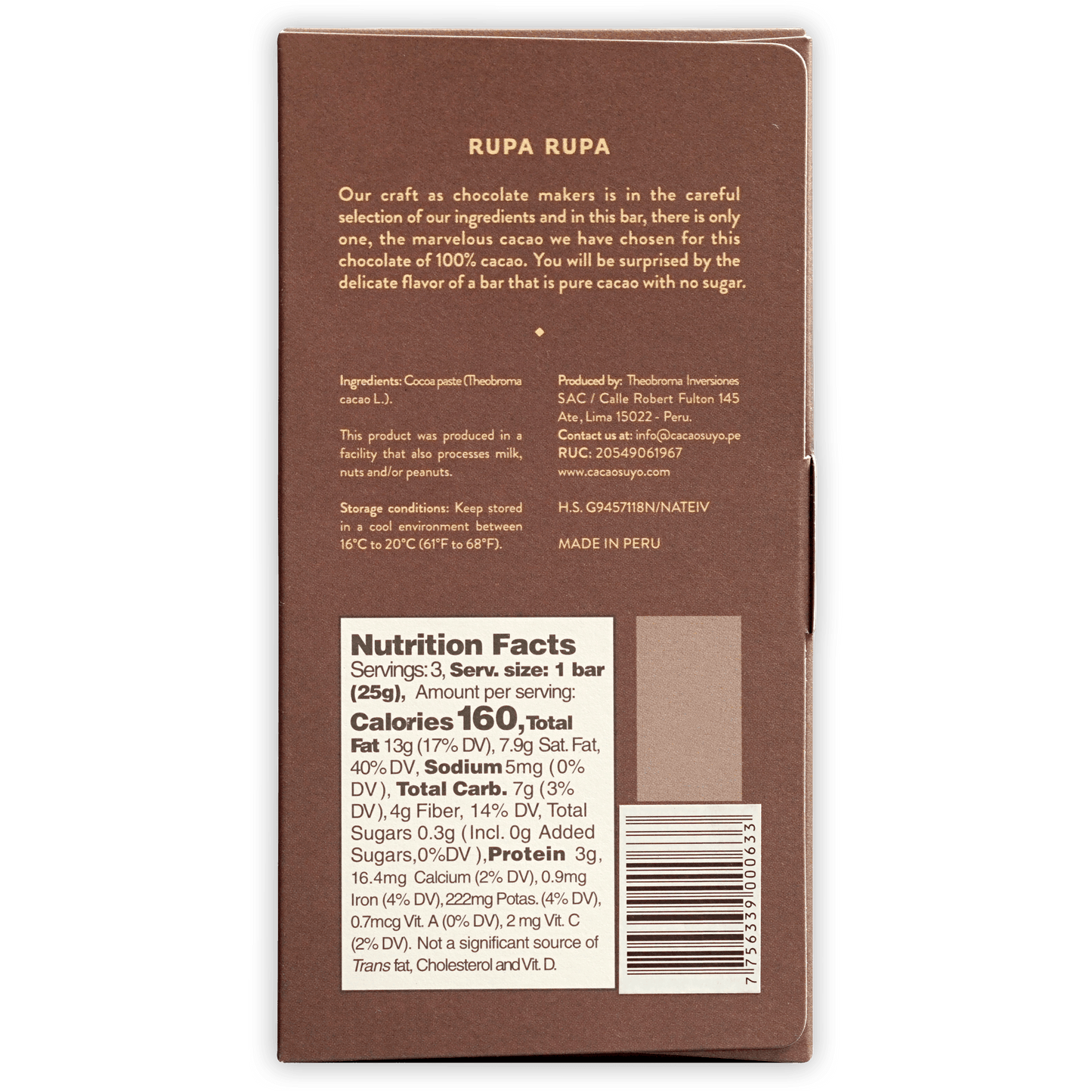 Cacaosuyo Rupa Rupa 100% brown cardboard wrapper with matte finish and white text