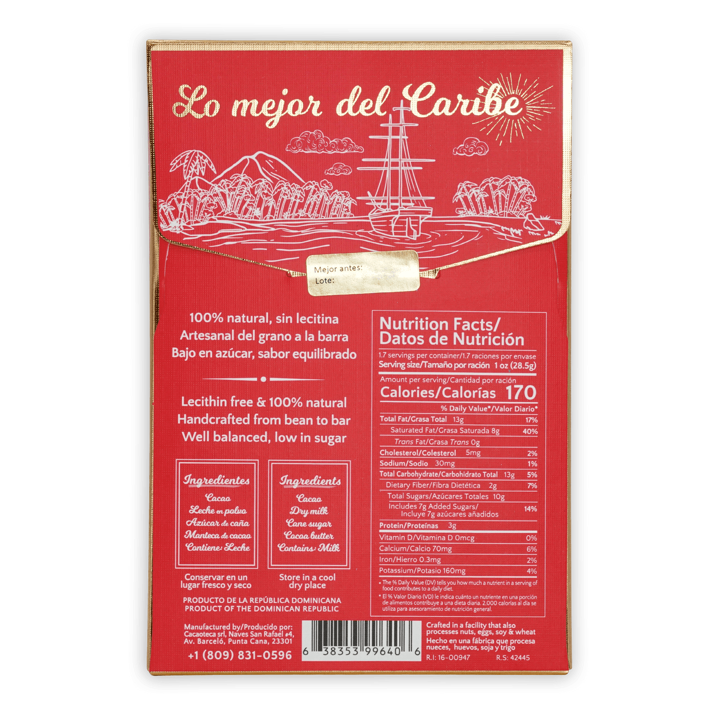 Cacaoteca Dark Milky 51% red wrapper with Lo Mejor del Caribe Caribbean scene