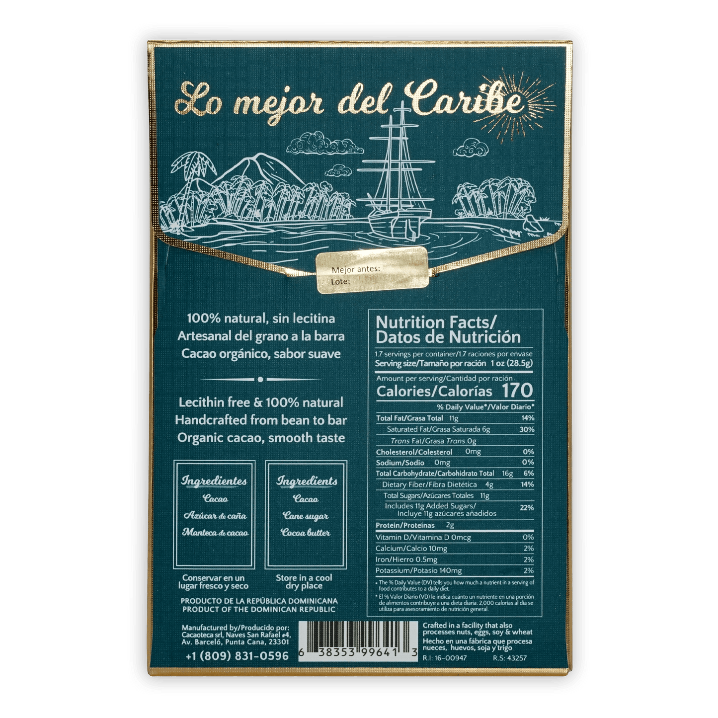 Cacaoteca 63% dark chocolate bar with teal pack, gold trim, Caribbean ship art