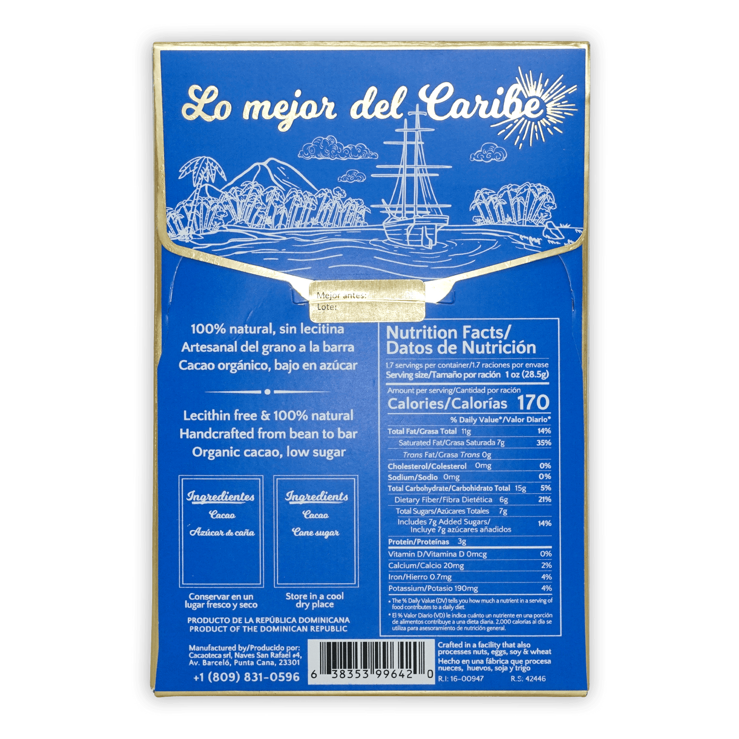 Cacaoteca Dark Intense 78% blue wrapper with Caribbean scene art