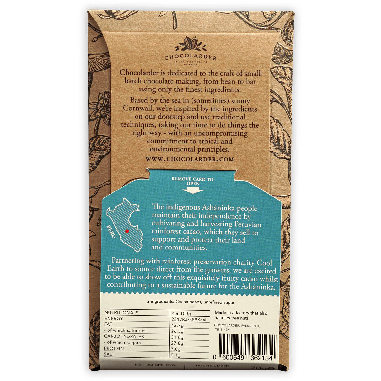 Chocolarder Ashaninka Dark 72% kraft paper back with teal Peru map panel