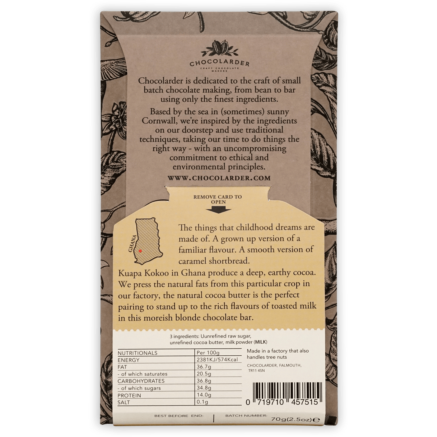 Chocolarder Caramelized Blonde White 40% bar with Ghana cocoa map wrapper