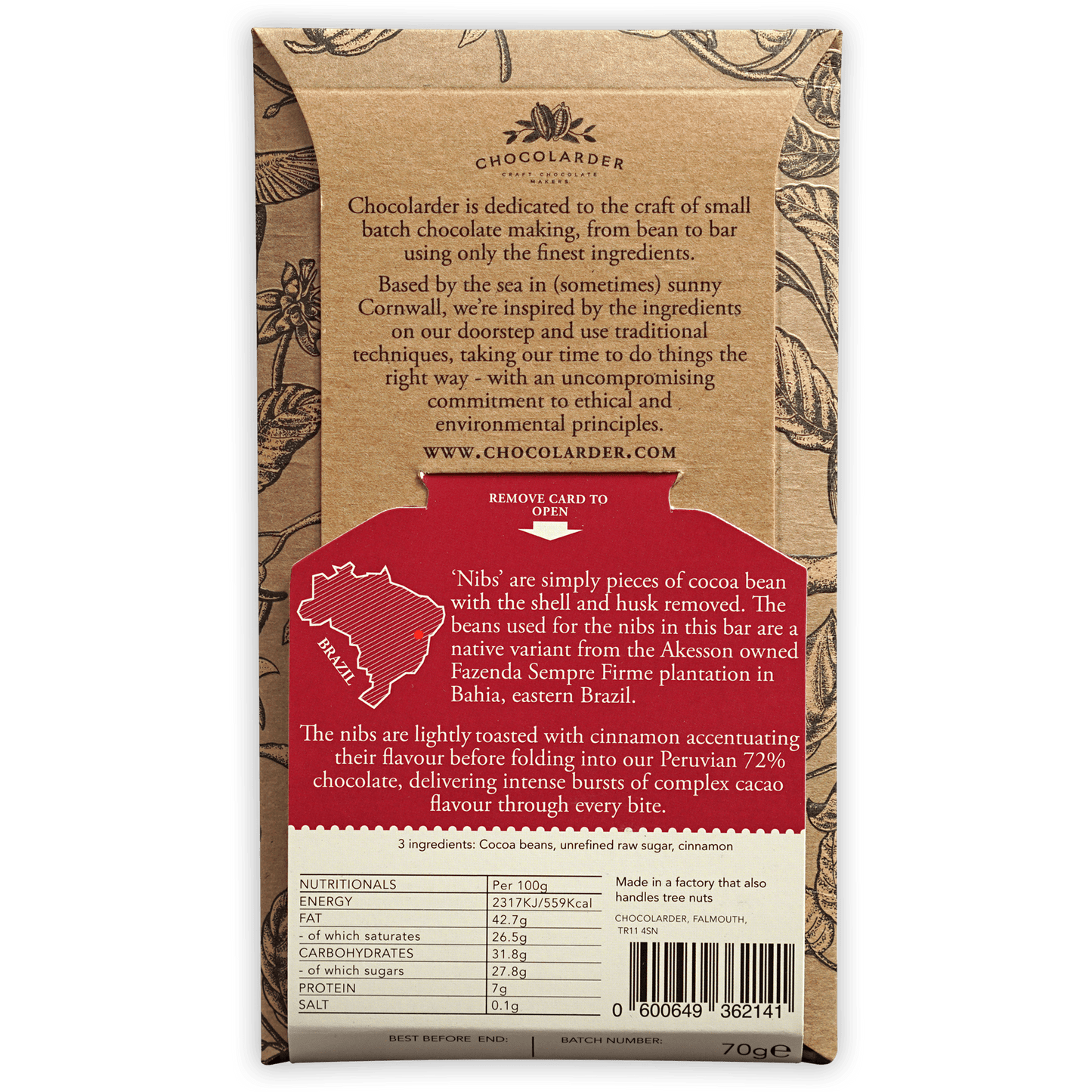 Chocolarder Cinnamon Toasted Cacao Nibs 74% dark chocolate bar with Brazilian origin label