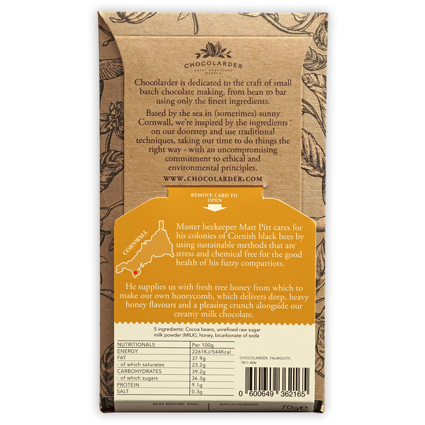 Chocolarder Cornish Honeycomb Milk 50% dark chocolate bar with Cornwall map label