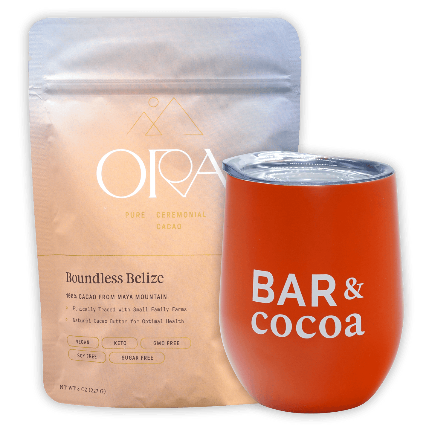 Vibrant orange insulated wine tumbler with clear lid and Bar & Cocoa lettering in Drinking Chocolate Gift Bundle