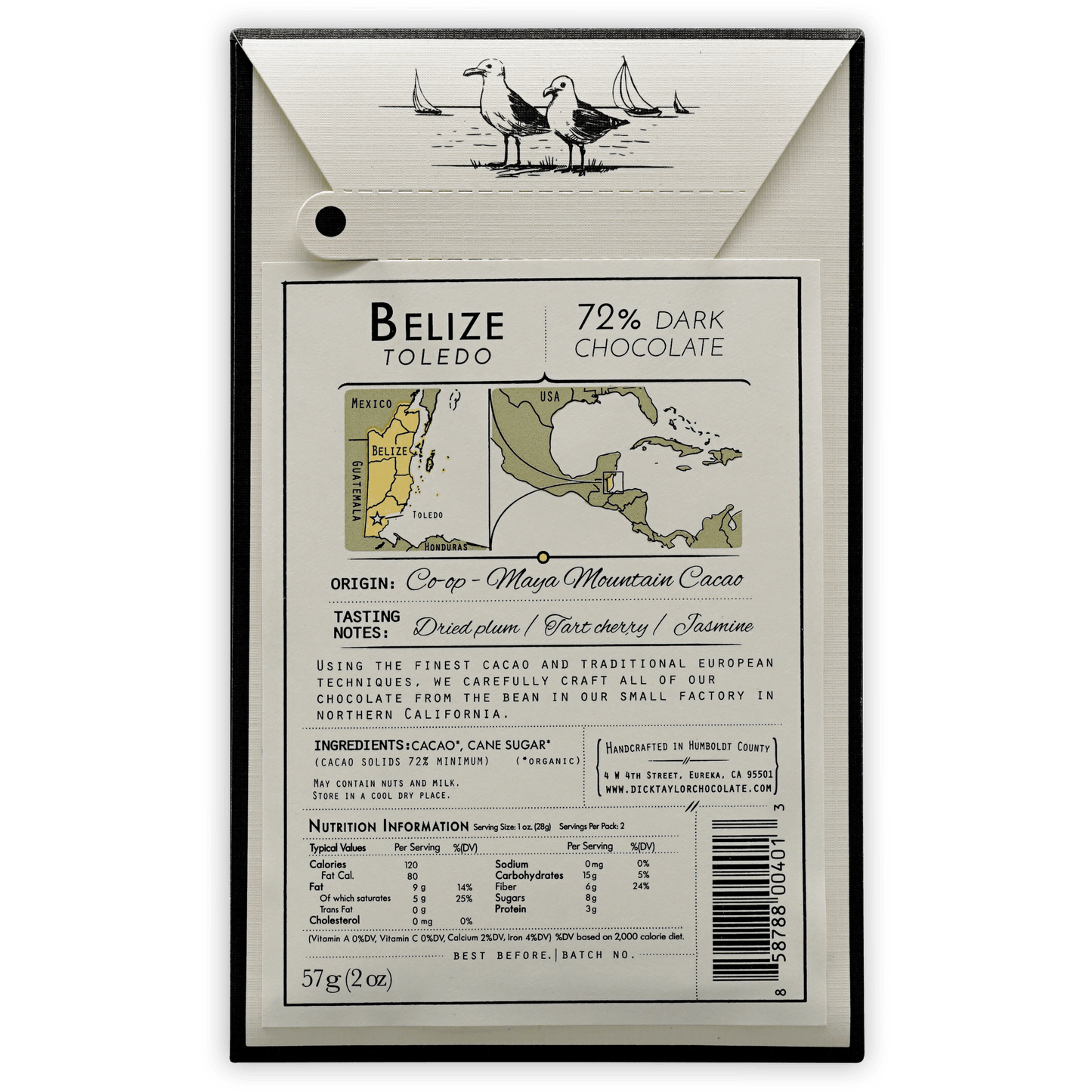 Dick Taylor Belize Toledo 72% dark chocolate bar wrapper with seagulls and sailboats