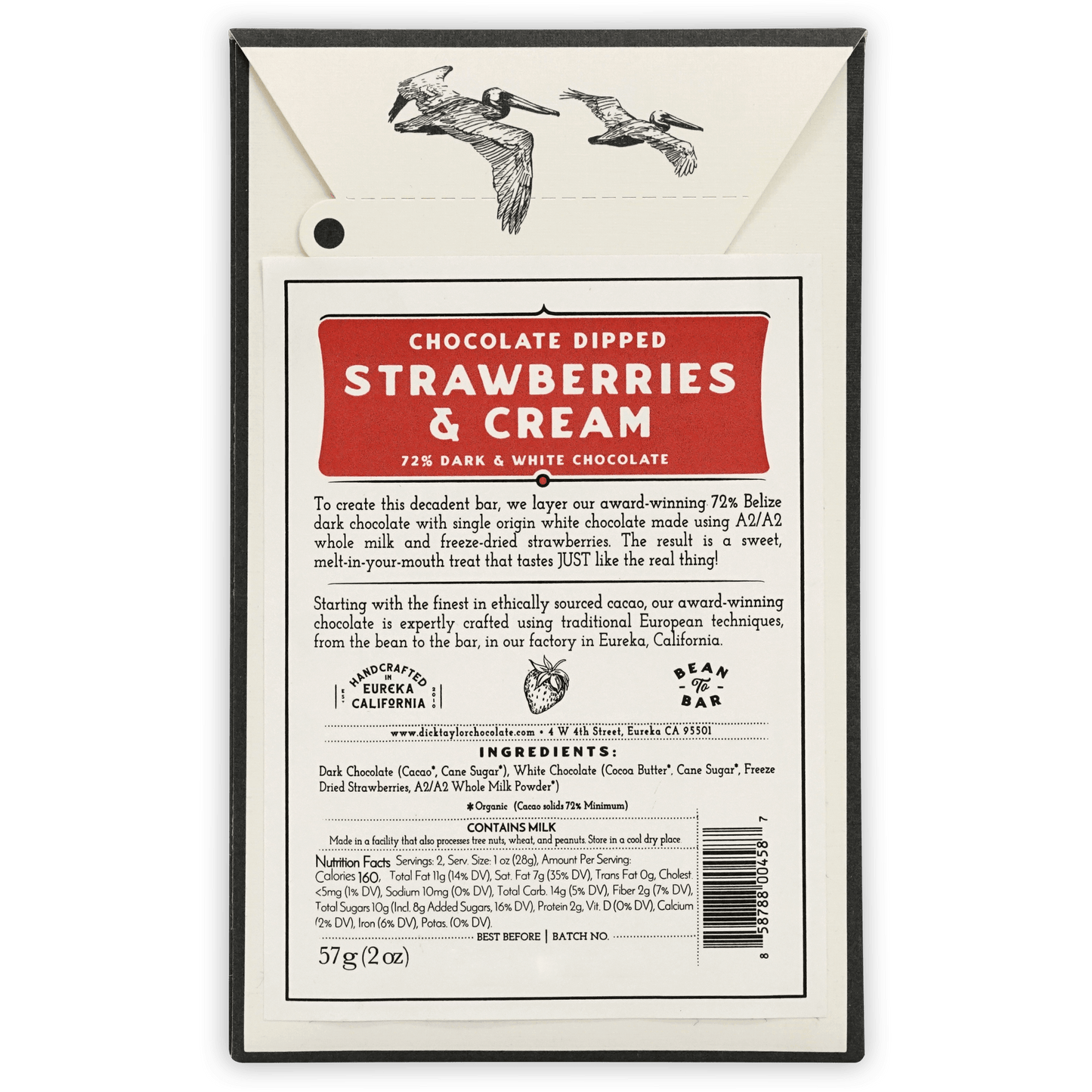 Dick Taylor Chocolate Dipped Strawberries & Cream white chocolate bar with pelican label