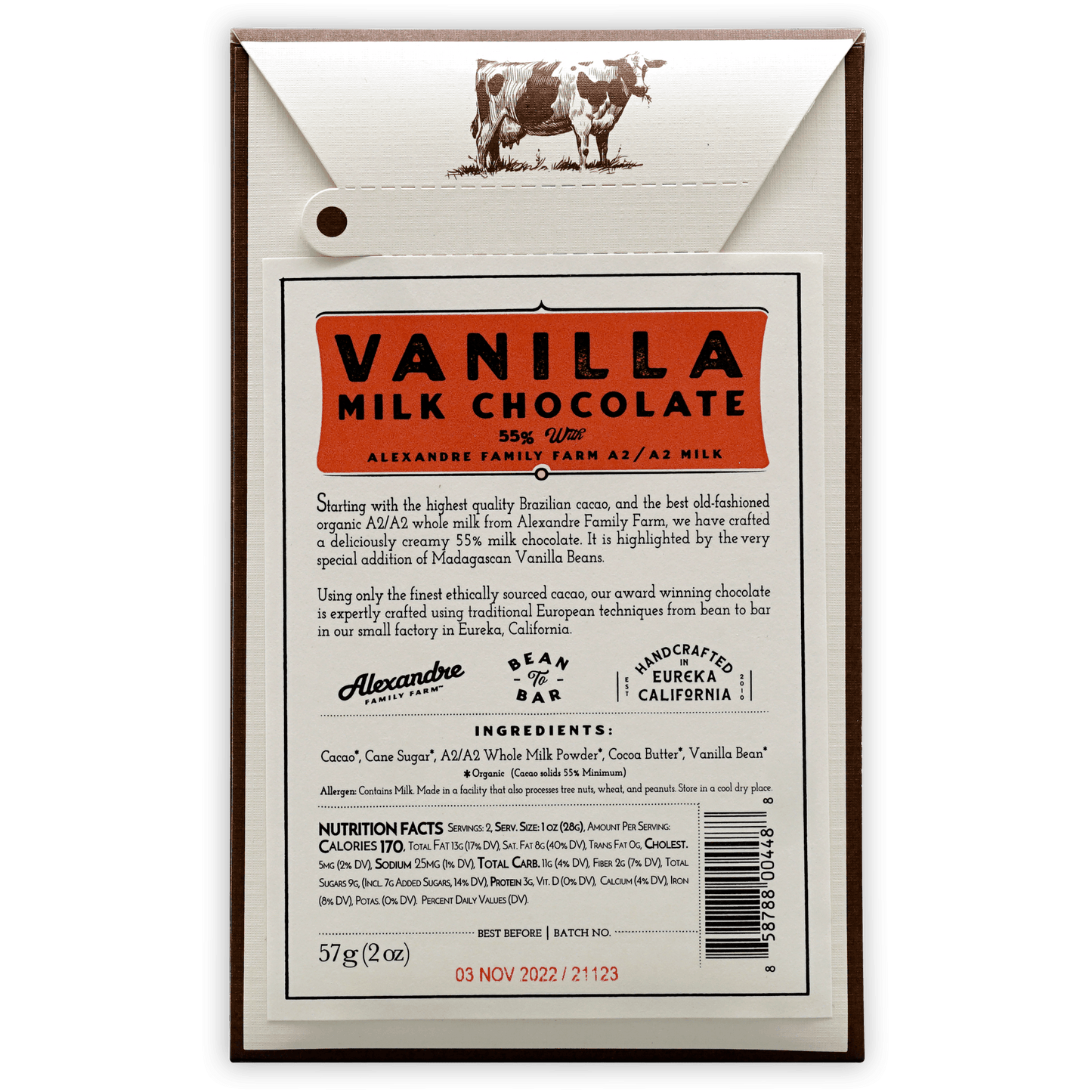 Dick Taylor Vanilla Milk Chocolate 55% bar wrapper with cow illustration