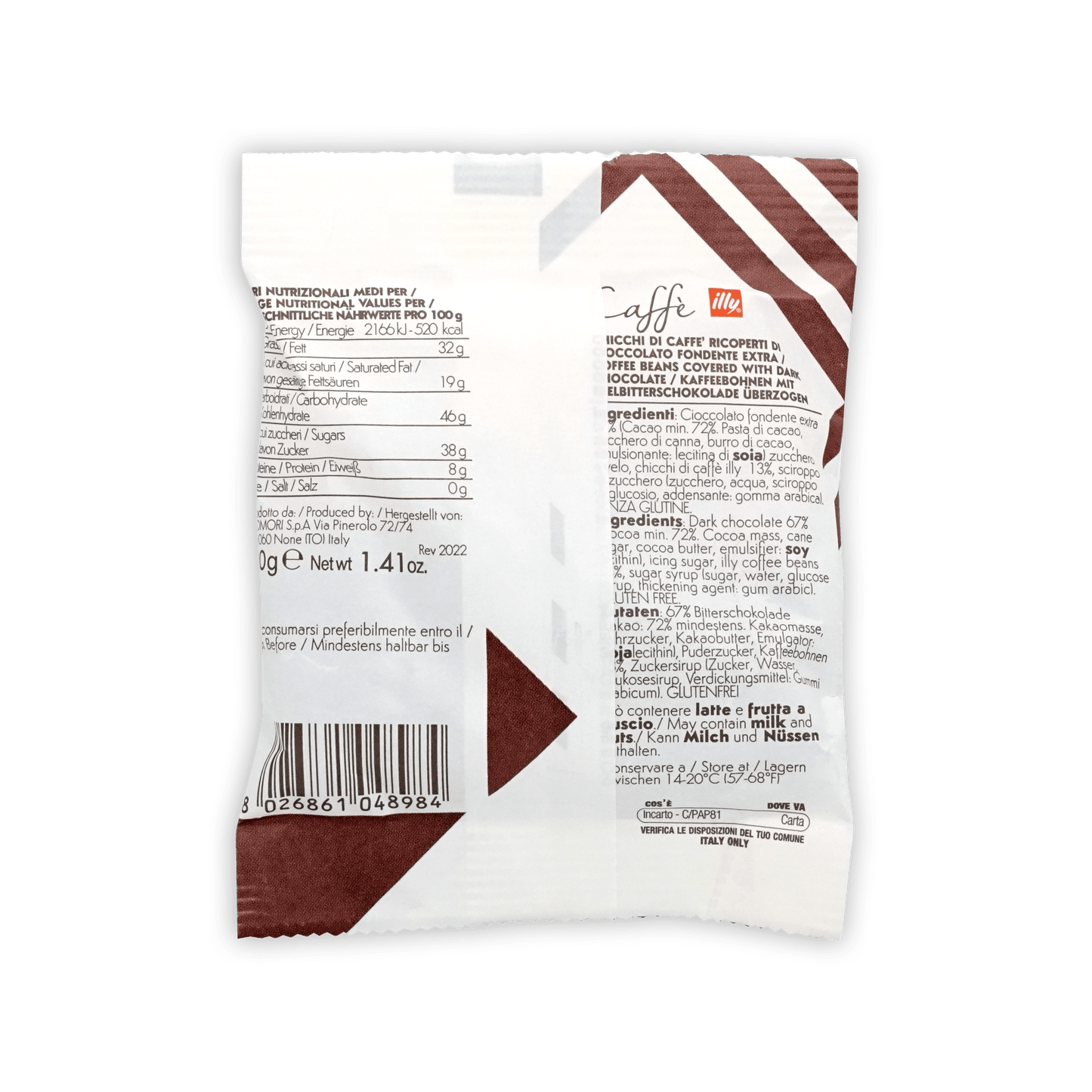 Illy white and brown striped package of Domori Dragees chocolate-covered coffee beans