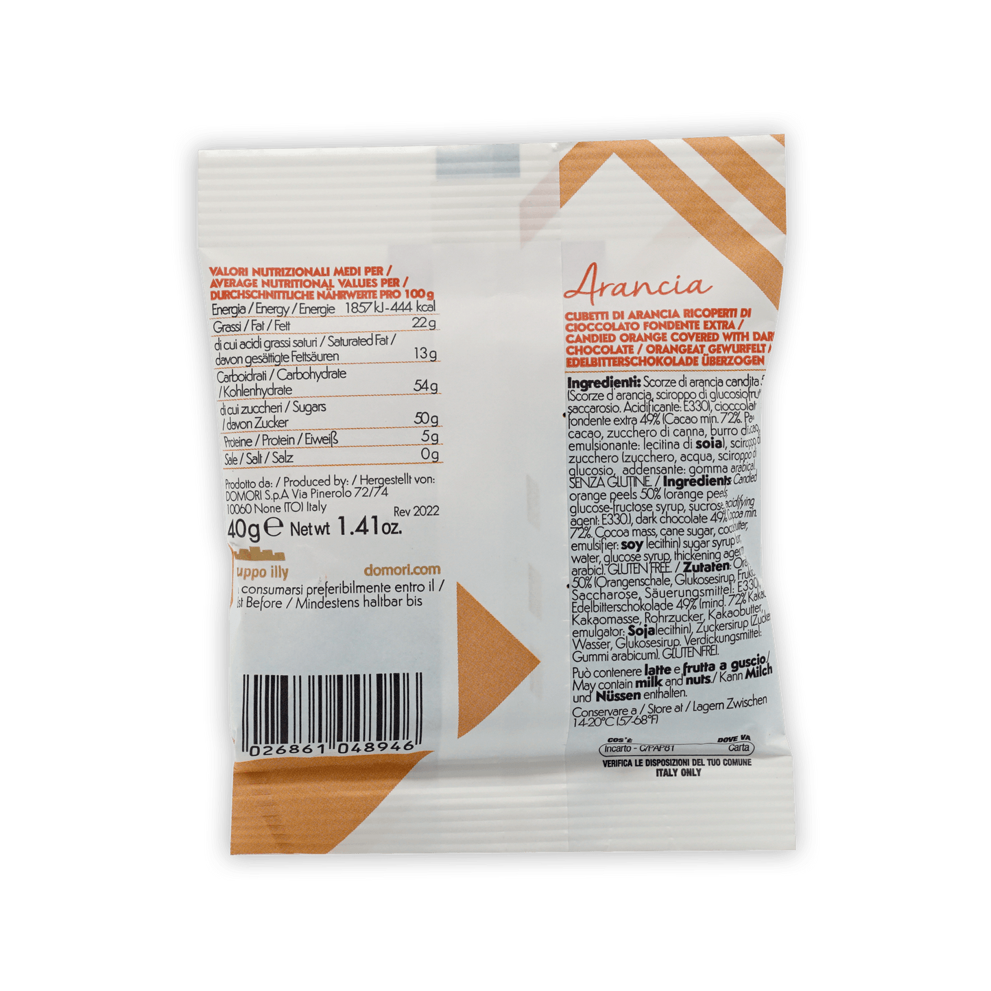 Domori Dragees chocolate covered orange candy in orange white package