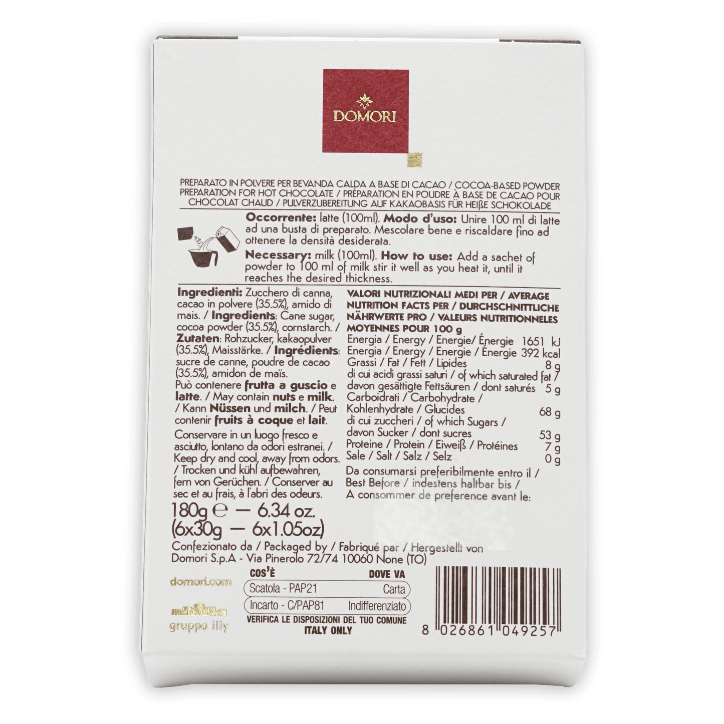 Domori hot chocolate mix white box with red logo and multilingual instructions