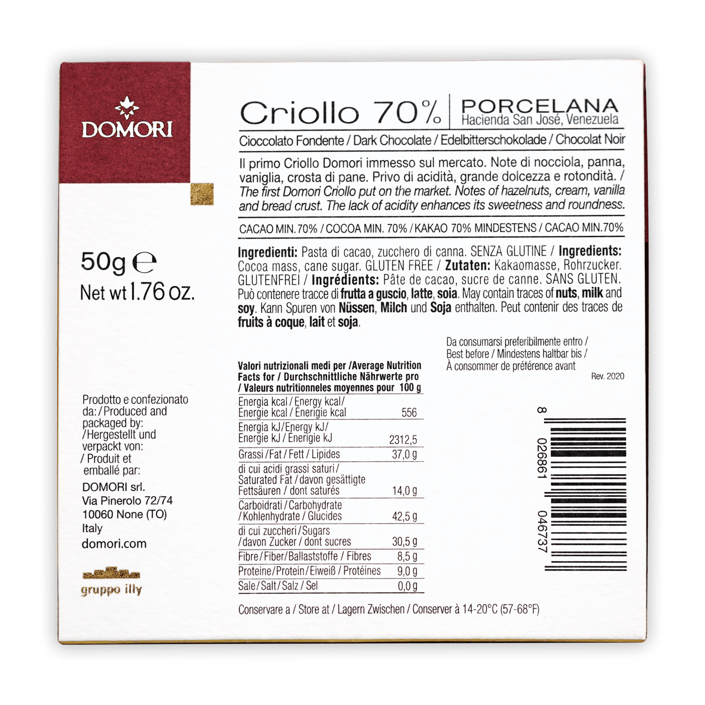 Domori Porcelana Criollo 70% dark chocolate bar, 50g white maroon pack