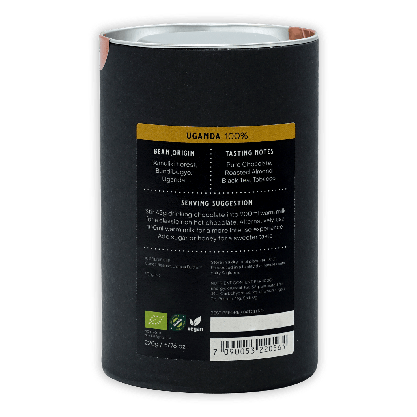 Fjåk Drinking Chocolate Dark Uganda 100% in black cylindrical container