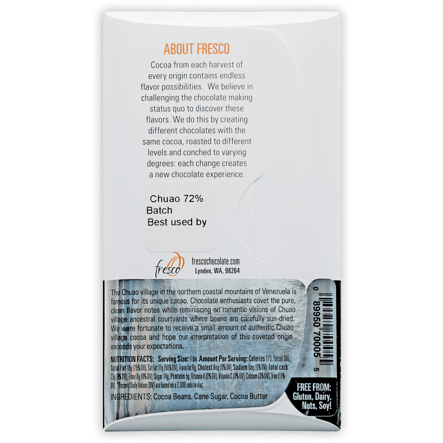 Fresco Chuao Venezuela 72% chocolate bar wrapper with 72% chuao cocoa batch