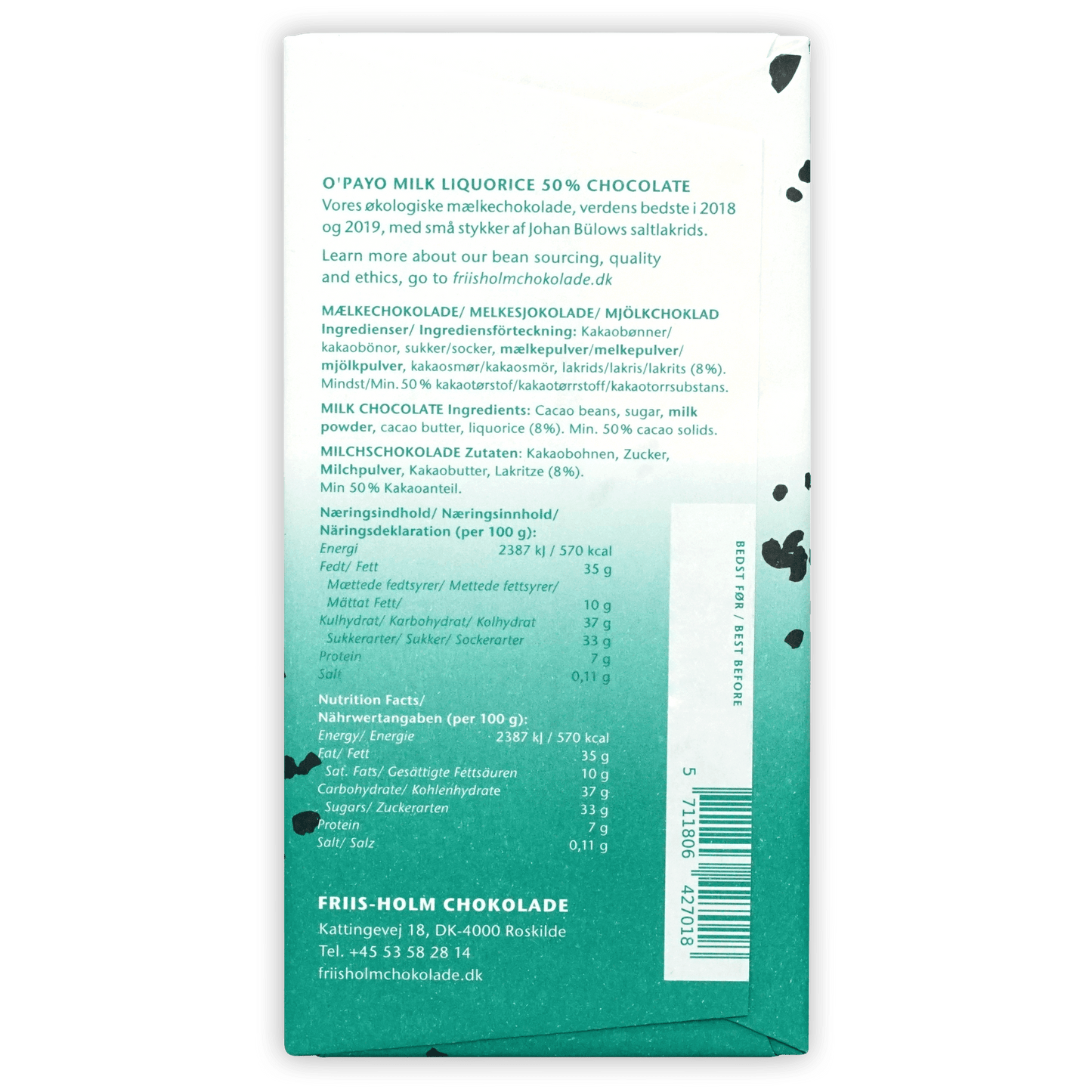 Back of Friis Holm O’Payo Milk Liquorice 50% chocolate bar wrapper