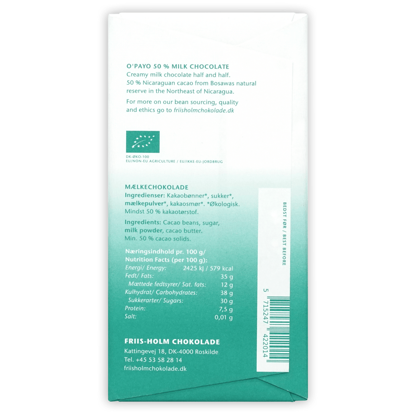 Back of Friis Holm O’Payo 50% milk chocolate bar wrapper, teal and white