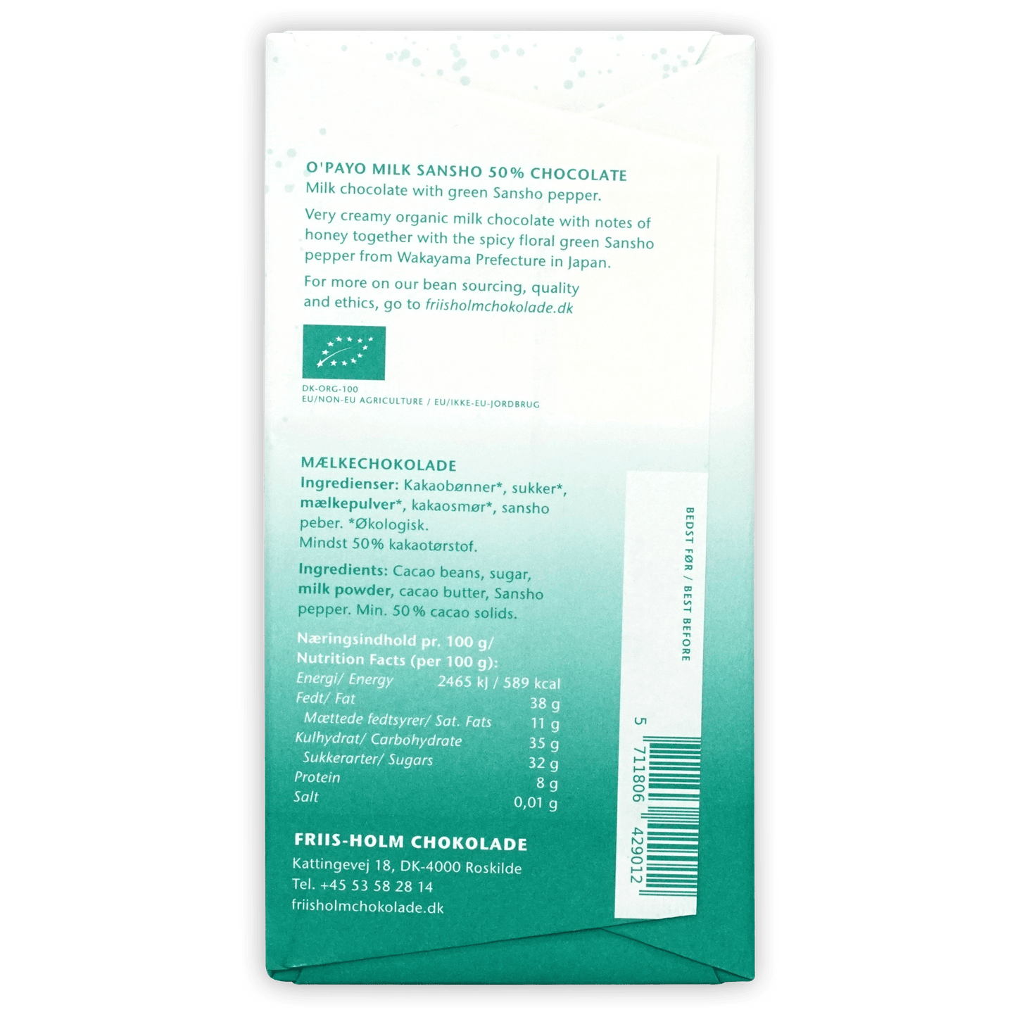 Friis Holm O’Payo Milk Sansho 50% chocolate green white wrapper