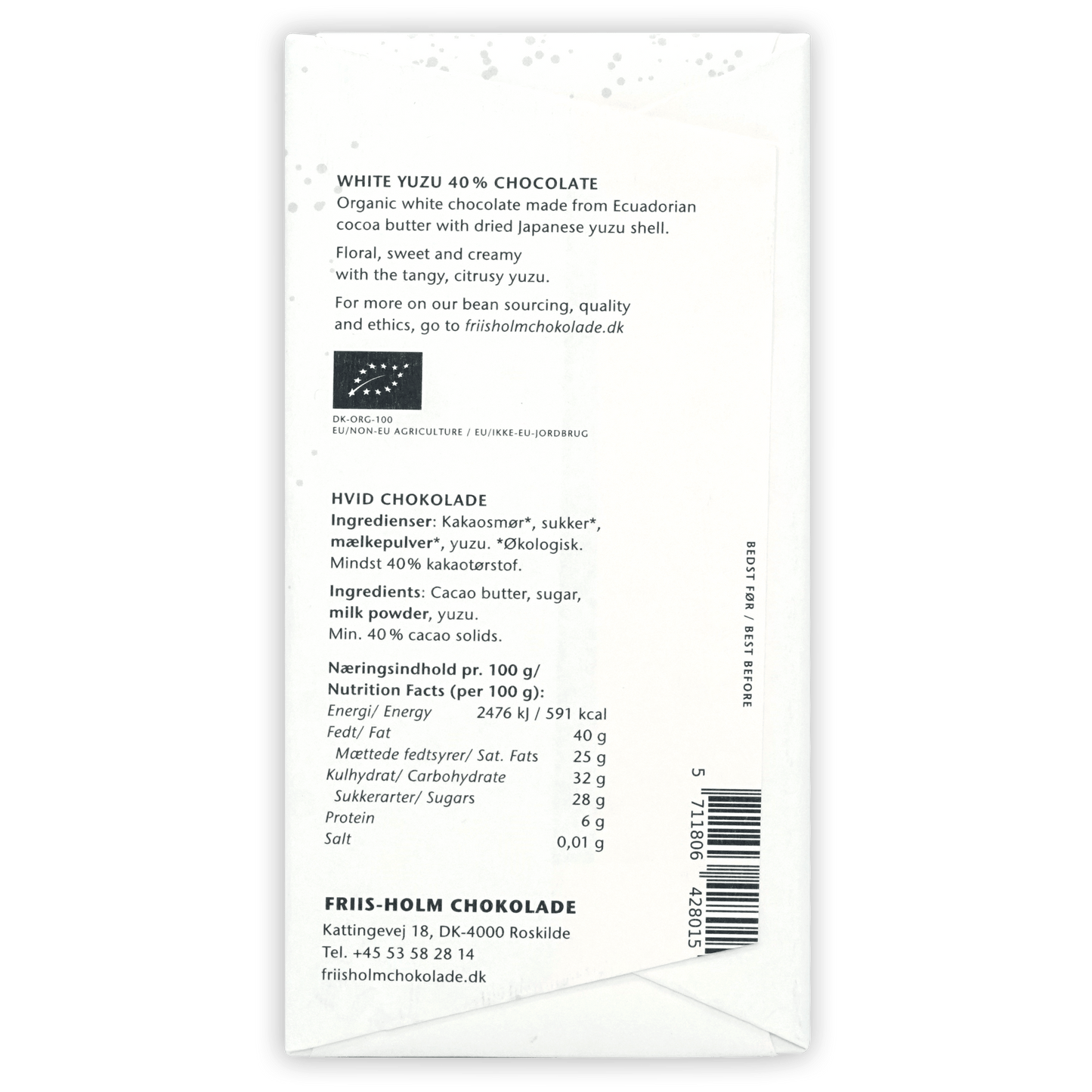 Friis Holm White Yuzu 40% organic Ecuadorian white chocolate bar in white packaging