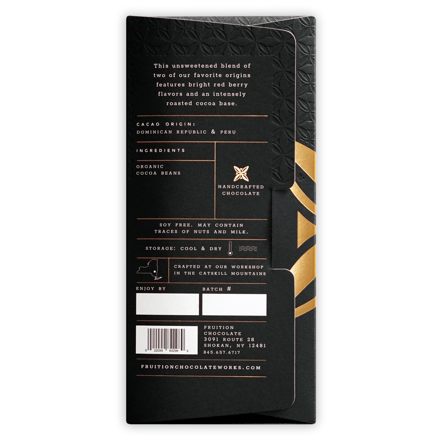 Fruition 100% Bar in black gold foil with embossed leaf patterns