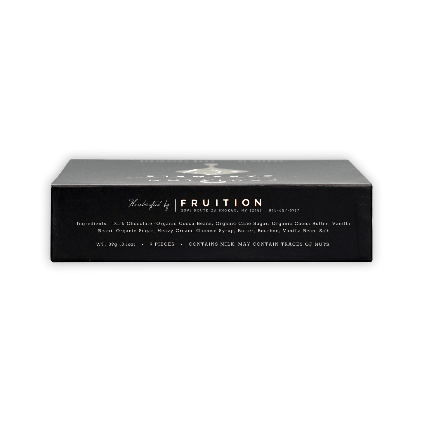 Fruition Brown Butter Bourbon Caramels 68% black box with silver lettering