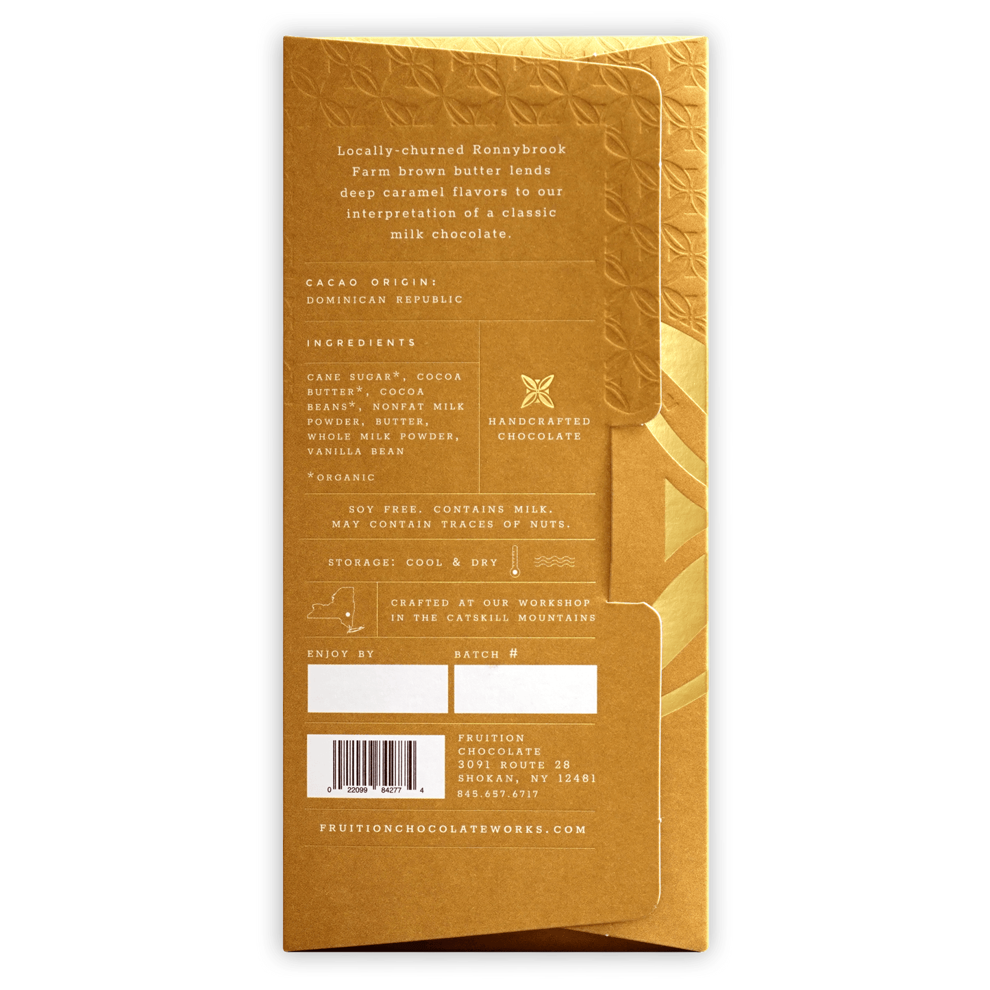 Fruition Brown Butter Milk Chocolate 43% gold foil bar with Dominican leaf design