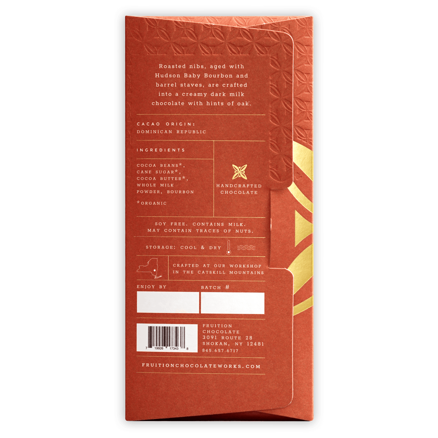 Fruition Hudson Bourbon Dark Milk 61% reddish-orange wrapper with gold accents