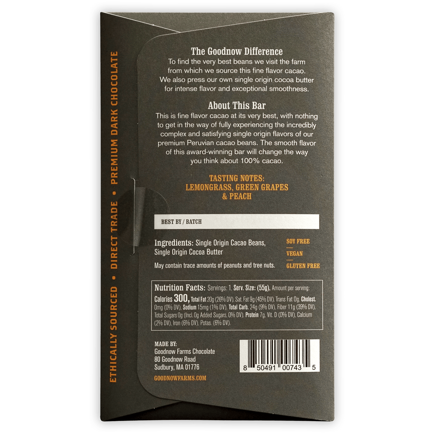 Goodnow Farms 100% Cacao dark chocolate bar in matte black wrapper